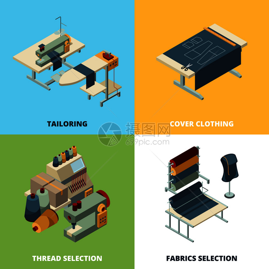 缝纫生产纺织品制造概念矢量图工业缝纫机等量度图裁缝工业制造和裁缝纺织制造概念矢量图图片