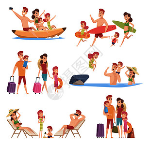 年轻家庭假日出游父母和孩子们暑假快乐的在海滩散步旅行插画