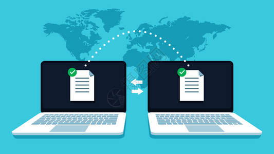 pc肌数据传输ftp文件接收器和笔记本计算机备份副文件pc迁移网络膝上型文件共享等量矢概念笔记本文件传输ftp文件接收器和笔记本计算机插画