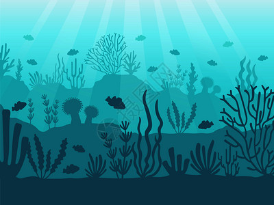 蓝色水下珊瑚水下海景洋珊瑚礁蓝色卡通背景矢量图插画