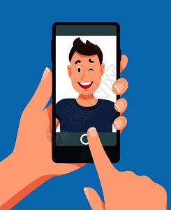 手机摄影大赛使用智能手机自画像的人触摸电话和照相的人青少年制作脸孔和看手机的人使用动卡通矢量插图拍摄移动照片的人触摸电话照片卡通矢量图的人插画