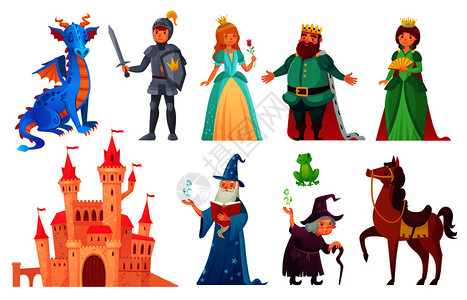 国王他的童话故事人物动物城堡矢量元素插画