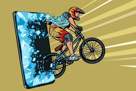 商用车骑山地自行车戴头盔的运动员插画