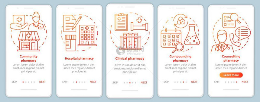医院诊所药理学有线插图的步行式网站骤uxig智能手机界面概念图片