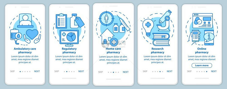 配有线概念的移动应用程序页面屏幕上的流动和家庭护理药房物研究5个步走骤图形指示uxi带有插图的gui矢量模板图片