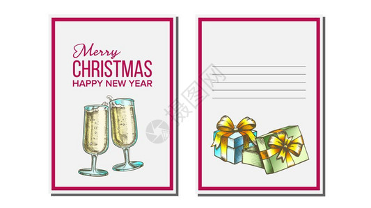 圣诞节贺卡矢量香槟瓶假日概念用古典风格图示绘制的手季节冬愿望手工图示图片