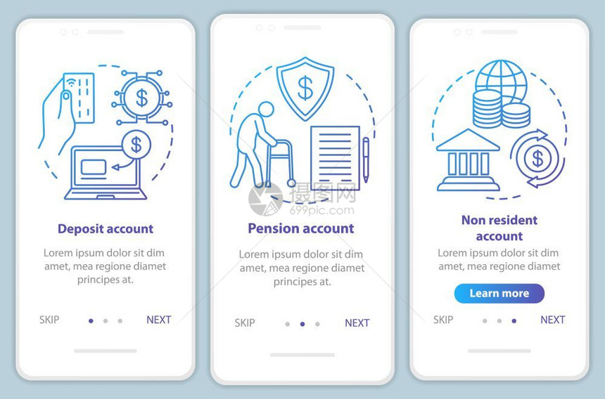 在手机应用程序页面屏幕矢量模板上注册的账户类型养恤金非居民账户带有线插图的步行式网站骤uxigsmartphone界面概念图片