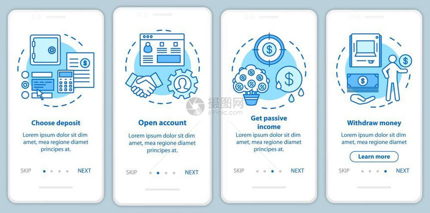 装有线概念的移动应用程序页面屏幕上的银行存款业务银行服4个步走骤图形指示uxi带插图的gui矢量模板图片