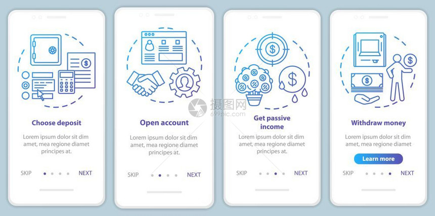 移动应用程序页面矢量屏幕模板上的银行存款业务服以线插图通过网站步骤uxig智能手机界面概念银行存款业务在手机应用程序页面屏幕矢量图片
