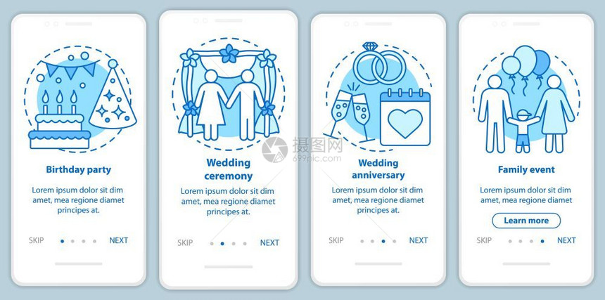 生日晚会婚礼仪式通过图形指示uxi带插图的gui矢量模板图片
