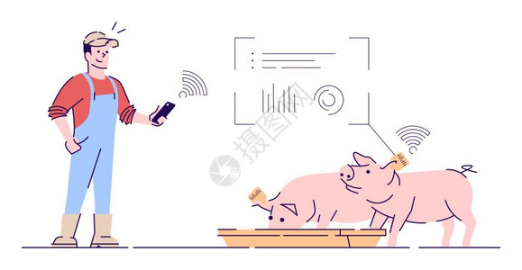 村庄导视系统猪跟踪系统卡通概念配有轮廓动物喂养传感器猪殖技术畜牧业插画