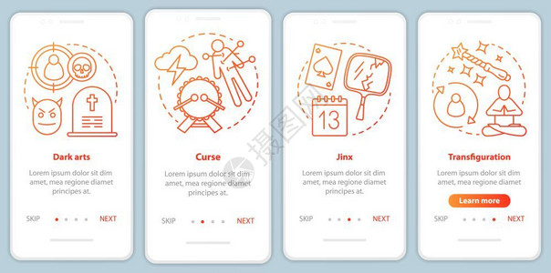 移动应用程序页面屏幕矢量模板上的暗魔法变形诅咒语以线插图通过网站步骤uxig智能手机界面概念图片