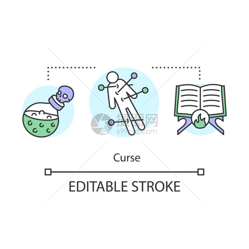 黑魔法咒语伏都娃配有针头药剂和拼写簿矢量的孤立轮廓图画可编辑的中风图片
