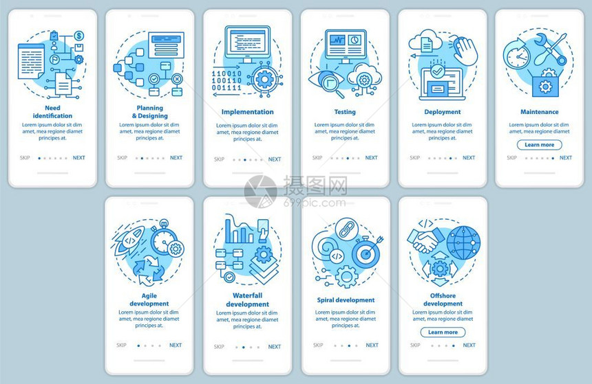 装上移动应用程序页面屏幕矢量组模板的移动应用程序页面屏幕上的软件开发阶段和方法带有线插图的步行式网站骤uxigsmartphon图片