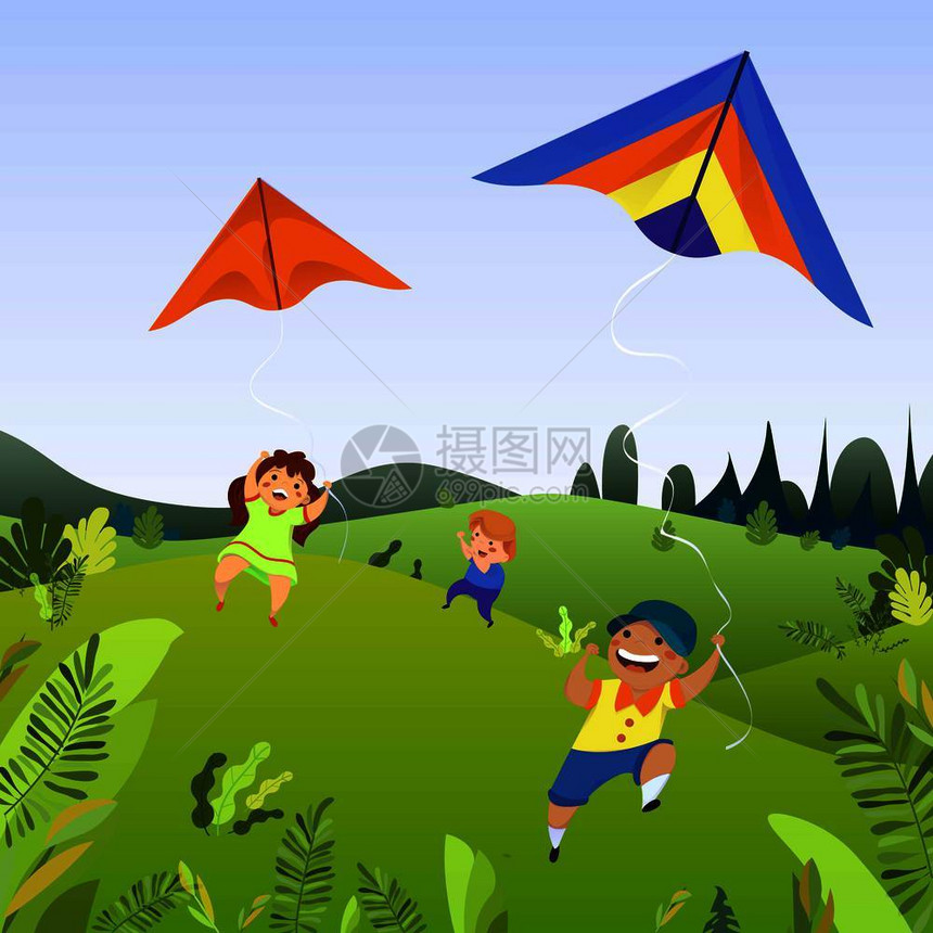 卡通儿童放风筝插图图片