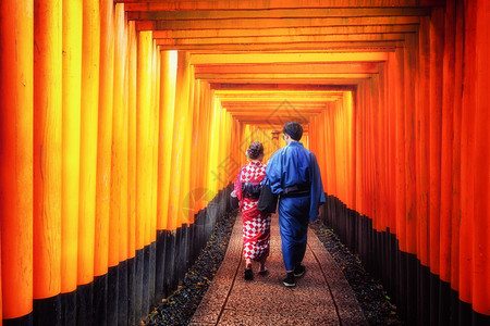 亚洲旅行者穿着和服在日本神庙散步图片