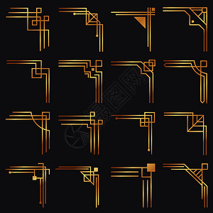 新派艺术deco角古金模式边界的现代图形角金色1920年代时装饰线框架或矢量装饰品几何框架经典孤立符号矢量型框架金色1920年代时装插画