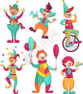 马戏团小丑漫画喜剧演员杂耍滑稽小丑鼻子或派对马戏团服装矢量插图集背景图片