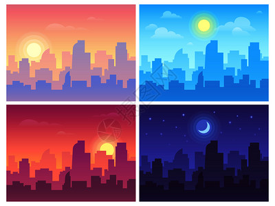 下午太阳白天晚上城市天际景观插画