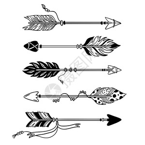 复古纹箭头手画羽箭指针上部落羽毛和装饰boh弓上的部落羽毛印度箭头土著阿兹特克人或长颈纹图画孤立的矢量符号族裔箭指针上部落羽毛和装饰boh插画