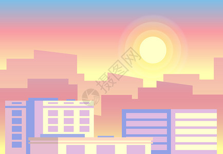正午太阳日落日出的城市插画