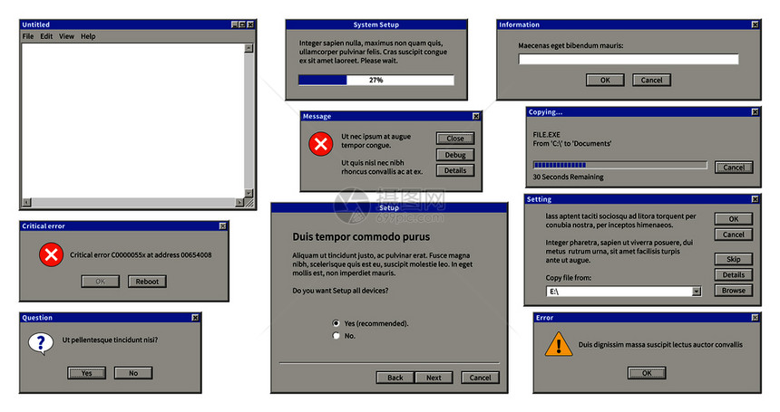 旧用户界面浏览器窗口有系统信息的错误弹出对话框旧的计算机操作系统矢量信息播放器提醒取消记录设置旧的用户界面浏览器窗口旧的计算机操图片