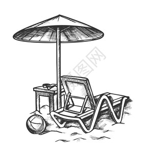 带雨伞的沙滩椅黑白插图图片