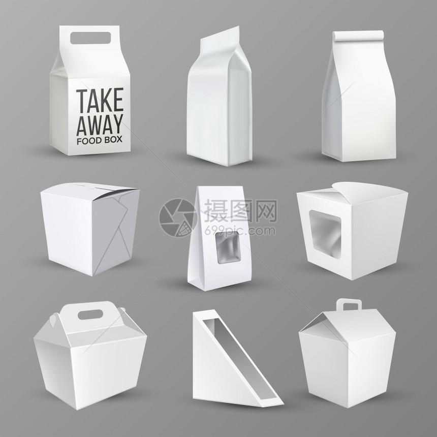 为食物和产品收集装有矢量不同的空白纸板箱和袋用于取走营养包装午餐模板的容器符合实际3d插图食物和产品箱装具矢量图片
