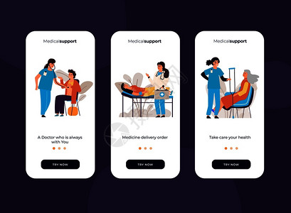 手机APP预约界面在机上检查屏幕进行医疗检查流动支持献血医生预约和检查现场病媒屏幕设置为病人进行体检的准备移动支持献血医生预约和检查现场插画
