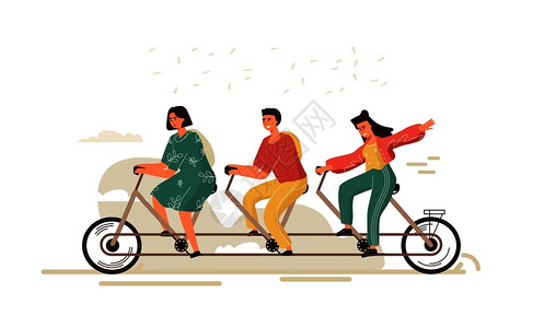 三个骑着自信车的年轻男女扁平风矢量插画图片