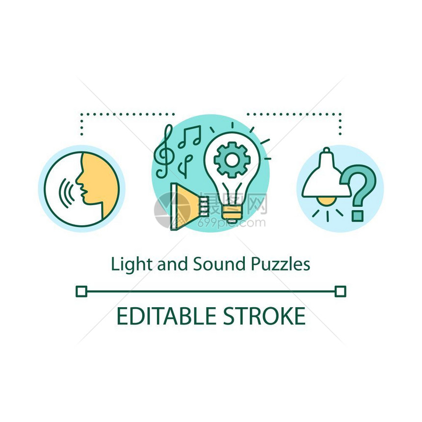 光和声音拼图概念标交互式游戏想法细线插图音频和视觉元素不同种类的谜题矢量孤立的大纲绘制可编辑的中风图片