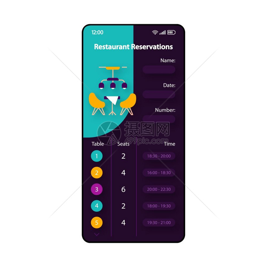 餐厅智能电话界面矢量模板移动应用程序页面绿和紫色设计布局表格保留屏幕用于应程序的平面i膳食规划电话显示图片