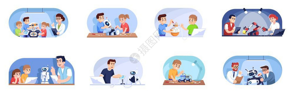 电子编程素材儿童机器人课程扁平风卡通矢量插画插画