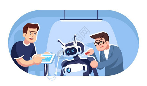 机器人实验室在研究机器人的两名技术人员插画