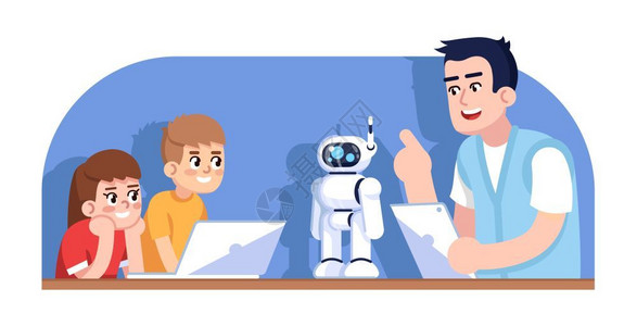 机器人课程卡通人物儿童机器人编程计算机课插画