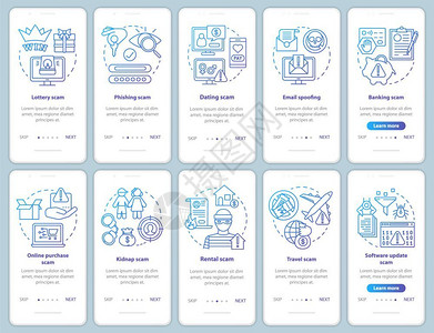 安装移动应用程序页面屏幕矢量模板的骗局类型以线插图通过网站步骤旅行银诈骗emailspofinguxigsmartphone界面图片