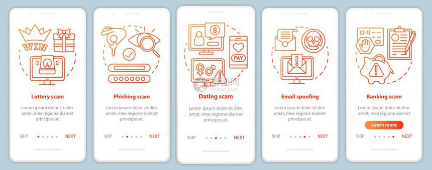 安装移动应用程序页面屏幕矢量模板的骗局类型以线插图通过网站步骤phisng骗局uxigsmartphone界面概念图片