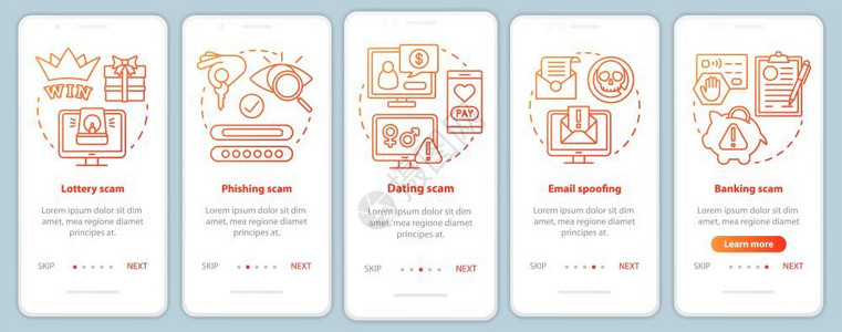 安装移动应用程序页面屏幕矢量模板的骗局类型以线插图通过网站步骤phisng骗局uxigsmartphone界面概念图片