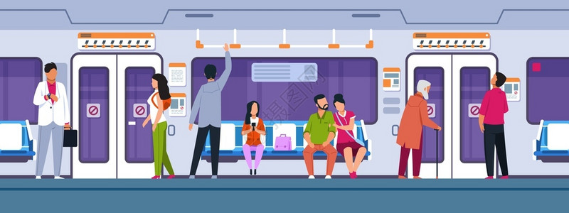 地铁宣传图男女人物在公共交通站火车上坐人物图插画