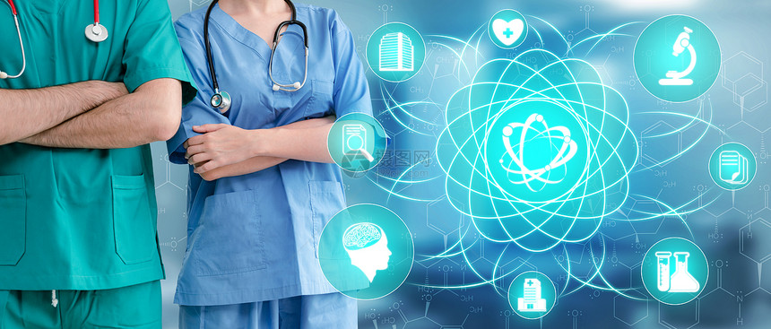 保健研究与发展概念:医院实验室具有科学保健研究图标的医生显示疗护理技术创新、医学发现和保健数据的象征。图片