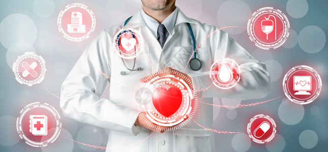 手术图标保健概念 -医院生,带有数字疗图标,形横幅显示药品、护理人员急诊服务网络病人健康医生数据等符号。背景