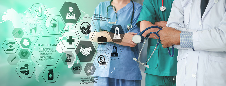 预科健康保险概念 -医院生与健康保险有关的图标形界面,显示保健人员、货币规划风险管理和保险福利。设计图片