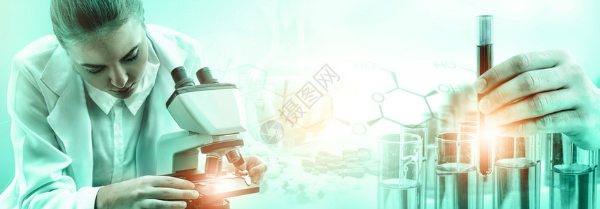 实验管研发概念科学和医实验室仪器显微镜用于生物学的试验管和玻璃瓶以及用于医学研究的实验室化学双重接触图像插画