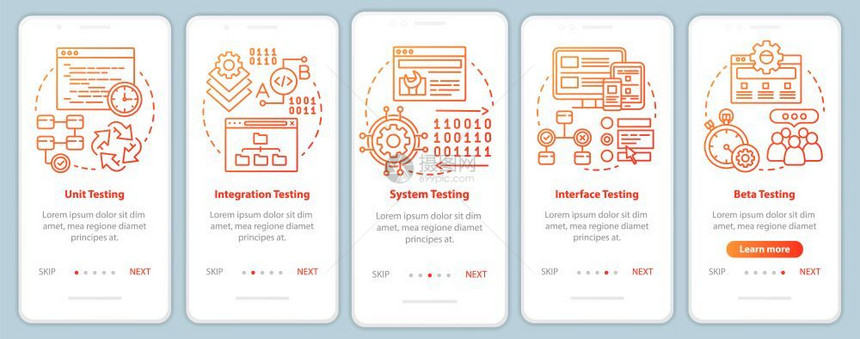 功能软件测试手机应用程序页面屏幕矢量模板上橙色的移动应用程序上橙色检测progam分析带有线插图的步行式网站骤uxig智能手机界图片