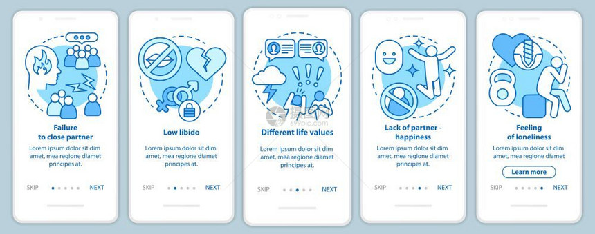 上载带有线概念的移动应用程序页面屏幕上的不快乐关系未能闭伴侣通过步骤的图形指示uxi带有插图的gui矢量模板图片