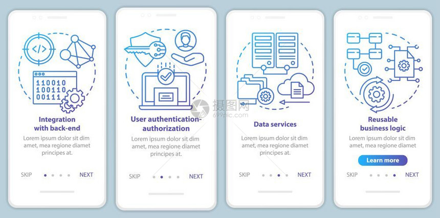 安装移动应用程序页面屏幕矢量模板的软件开发应用程序编带有线插图的步行式网站骤uxigsmartphone界面概念图片