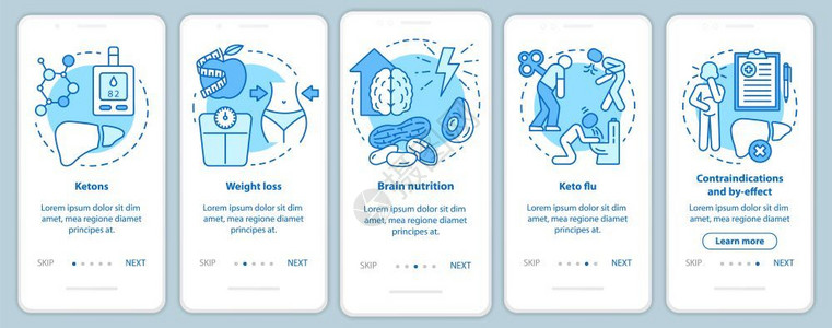 酮症酸中毒keto饮食加入移动应用程序页面屏幕矢量模板的松绿以线插图uig智能手机界面通过网站步骤插画