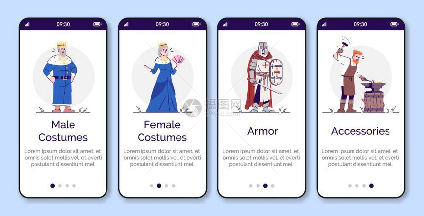 中世纪服装盔甲饰品配在手机应用程序页面屏幕矢量模板上的配件通过带有平坦卡字符的网页步骤uxig智能手机卡通界面概念图片