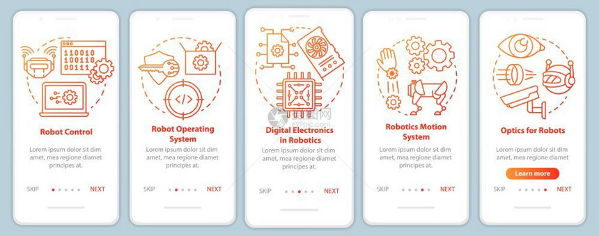 安装移动应用程序页面屏幕矢量模板的机器人课程学习和开发带有线插图的步行式网站骤uxig智能手机界面概念图片