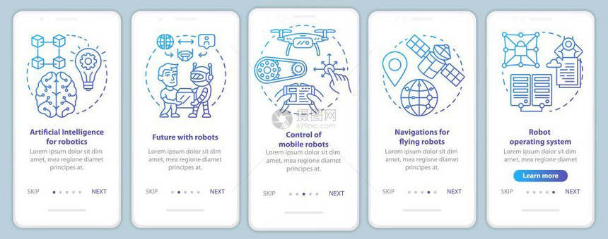 安装移动应用程序页面屏幕矢量模板的机器人课程学习机器人控制使用线插图通过网站步骤uxig智能手机界面概念图片